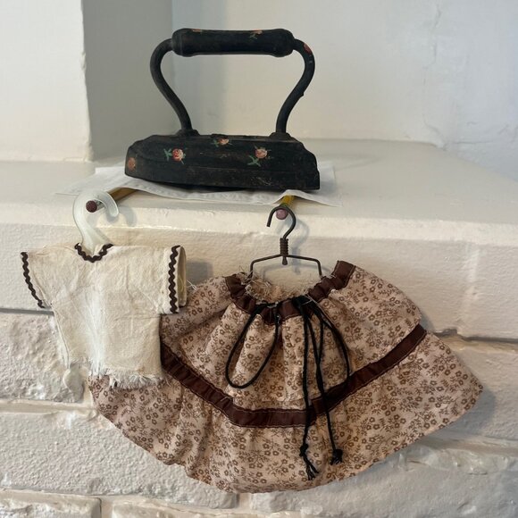 Vintage Doll Outfit Skirt & Jacket Vest & Farmer Hat w/ Flowers Beige & Brown - Picture 4 of 11